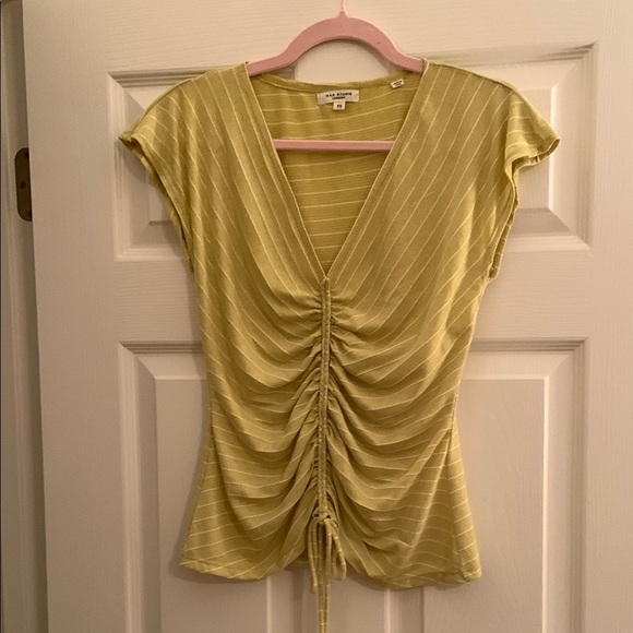 Max Studio Yellow and Green Ruched Flutter Sleeve Blouse - Picture 1 of 3